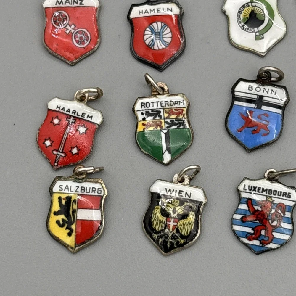 Lot of 24 Vintage 800 Silver REU ANTIKO Enamel European Travel Shield Charms 25g
